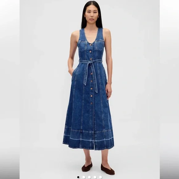 Denim Belted Button-Front Maxi Dress, NWT petite small - Picture 1 of 10